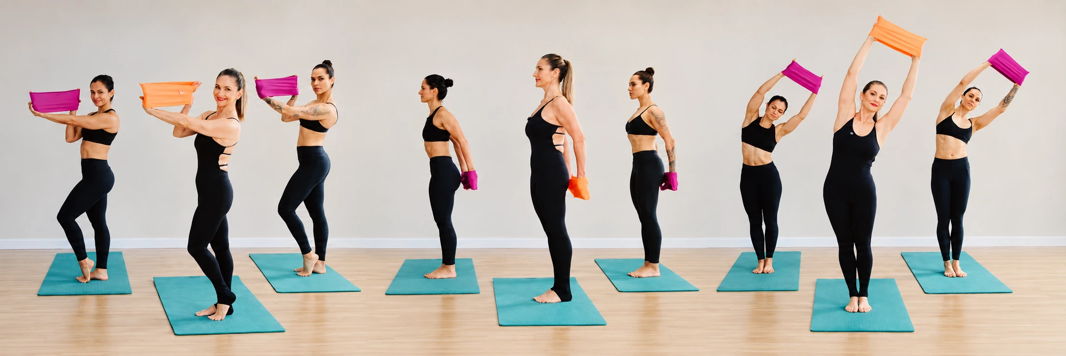 Sequência contínua de três movimentos com Mini Infinity Bands: braços à frente, extensão atrás do corpo e inclinação lateral com os braços elevados